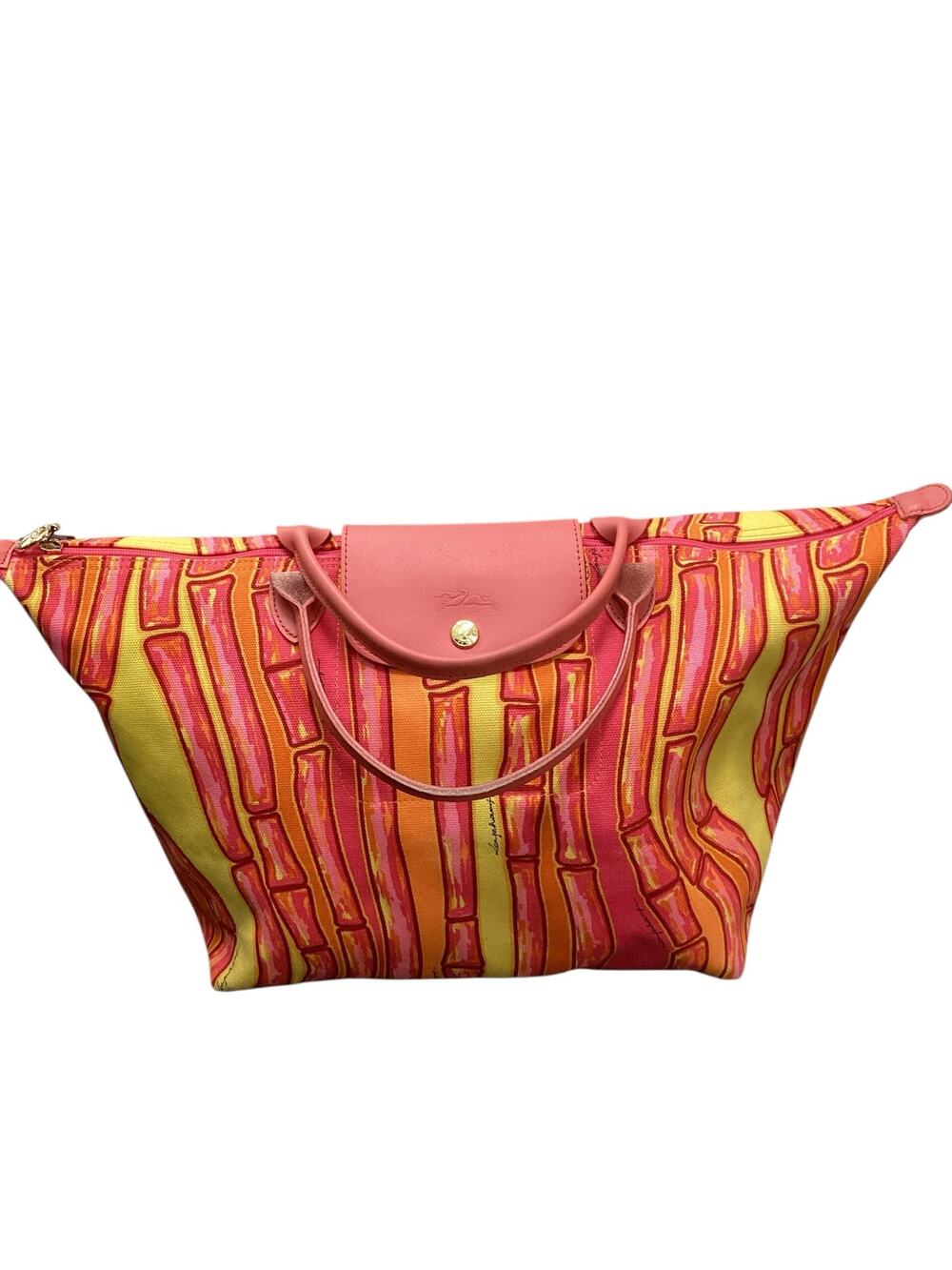 Longchamp Tote Women’s 1Size Pliage Leather And Fabric Bamboo Print Pink &Yellow